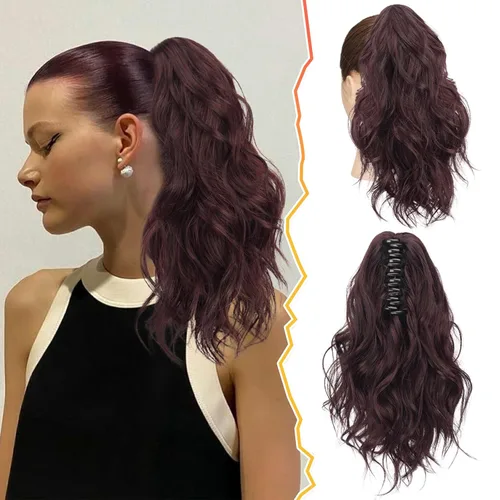 Vista 17 de BARSDAR Extensiones de cola de caballo con clip de garra, extensiones de cabello corto ondulado negro de 14 pulgadas para mujer, extensiones