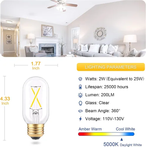 Vista 3 de T45 Bombilla Edison vintage, bombilla tubular LED antigua de 2 W, 3000 K, blanco suave, equivalente a 25 W, 200 lúmenes, 110-130 voltios, lámpara