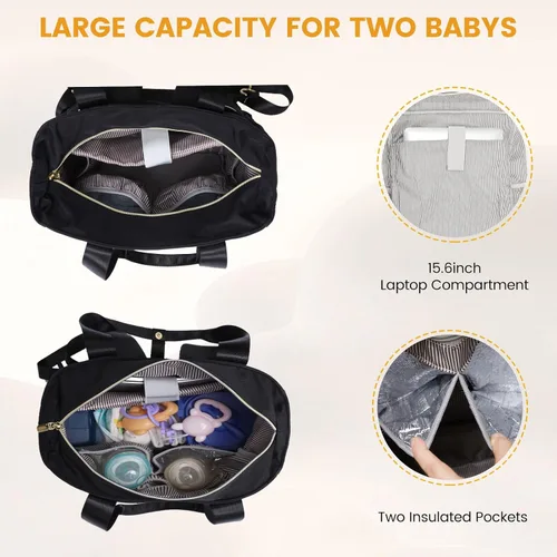 Vista 3 de LOVEVOOK Mochila para pañales con bolsillos aislados, bolsa de bebé para niñas y niños con cambiador, bolsa de pañales grande con funda para Negro
