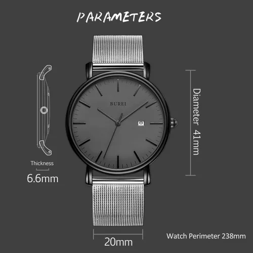 Vista 5 de BUREI - Reloj de pulsera analógico para hombre con fecha, extensible de malla de acero inoxidable