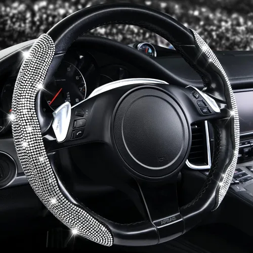 Vista 9 de CAR PASS 2 piezas de funda de volante con diamantes brillantes segmentada con cristales de imitación de diamantes, protector de volante