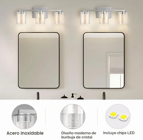 Vista 4 de Lámparas de baño modernas LED sobre espejo, 3 luces de tocador de níquel cepillado con 5 modos de color, lámpara de tocador de baño regulable