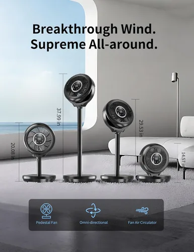 Vista 2 de Ventilador de pie para dormitorio, ventilador omnidireccional oscilante de 180°, ventilador de piso silencioso de 20 dB de CC ultra silencioso que