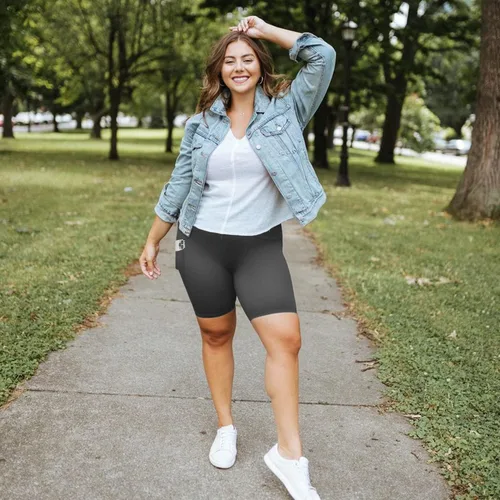 Vista 7 de MOREFEEL Pantalones cortos de ciclismo de talla grande de 8 pulgadas con bolsillos para mujer, cintura alta, control de abdomen, pantalones cortos