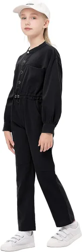 Vista 3 de Girls Solid Long Sleeve Button Down Jumpsuit One Piece Rompers with Pockets Straight Leg Cargo Pant for 3-12 Years