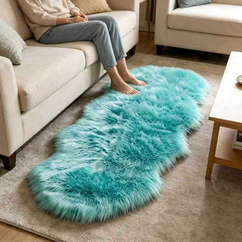 Vista 7 de Faux Fur Sheepskin Rug 2x6 ft, Fluffy Area Rug for Bedroom Living Room Aqua