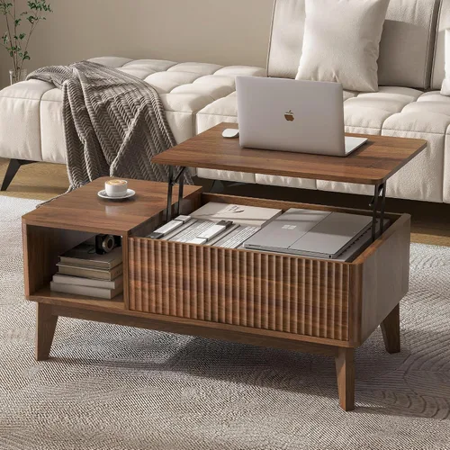 Vista 9 de LYNCOHOME Mesa de centro acanalada con compartimento oculto, mesas de centro elevables de madera, mesa central moderna para sala de estar, oficina