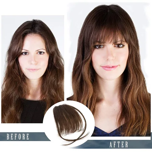 Vista 6 de BARSDAR Flequillo postizo de pelo humano real - Flequillo postizo 100% pelo humano para mujeres - Extensiones de flequillo ondulado castaño rojizo