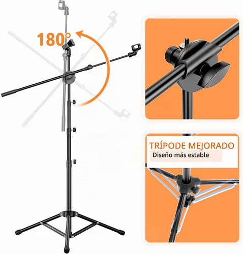 Vista 3 de Soporte de Micrófono de Piso 2 Clips de Micrófono Soportes de Micrófono Plegables Trípode Resistente con Brazo de Boom y Brazo de Micrófono con 2