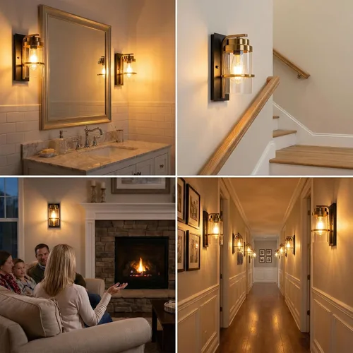 Vista 7 de Apliques de pared de color negro mate y latón, moderna lámpara de pared interior para chimenea, lámpara de pared de granja para baño, pasillos