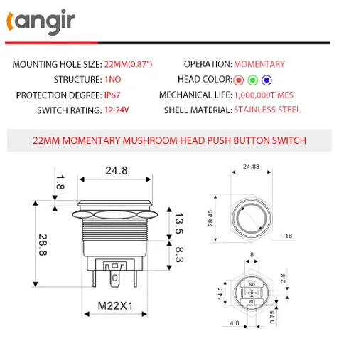 Vista 2 de Interruptor de botón momentáneo de 15 amperios, interruptor de botón de 12 V-24 V, 0.866 in, interruptor de botón AC/DC IP67, impermeable, luz LED