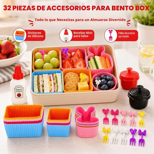 Vista 2 de Juego de 32 piezas de accesorios de caja Bento, divisores de silicona para lonchera, mini botella de ketchup, contenedor de aderezo para ensaladas