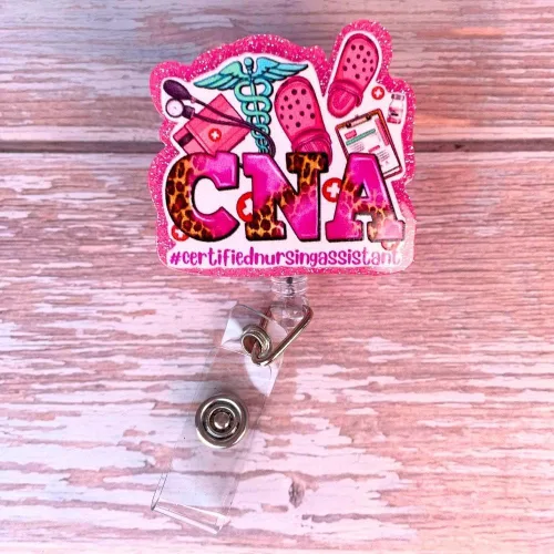 Vista 4 de CNA - Carrete de insignia para asistente de enfermería certificado retráctil con clip de identificación; accesorios CNA con purpurina brillante