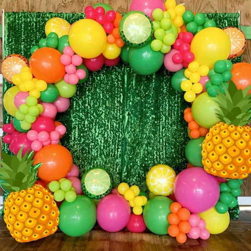Vista 6 de Juego de arco de globos frutales Twotti de 149 piezas, globos rosa pastel amarillo verde Citrus Balloons, Watermelon Pineapple Tropical Mylar Foil