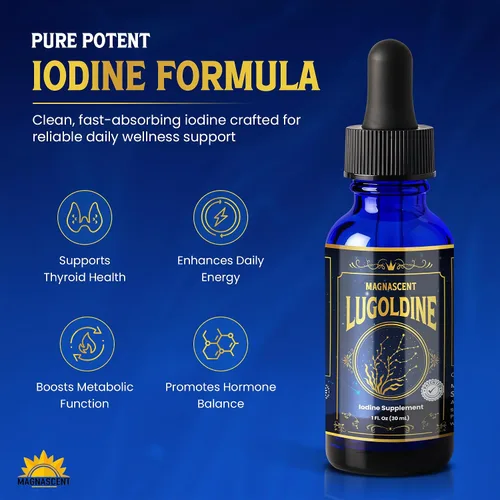 Vista 2 de Lugoldina 150 mcg iodine per drop; alcohol-free and glycerin-free liquid iodine supplement made in USA.