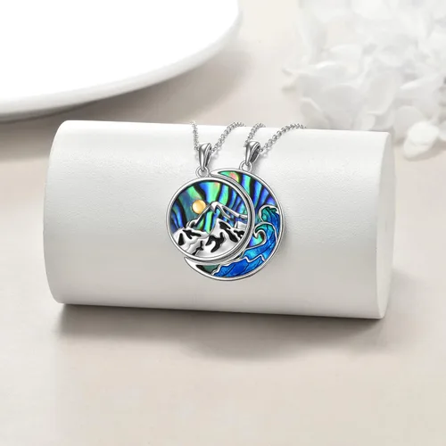 Vista 4 de Collar de plata de ley con ola del océano de montaña, collar a juego para él y ella, regalo de joyería para mujeres, hombres, parejas, novia, novio
