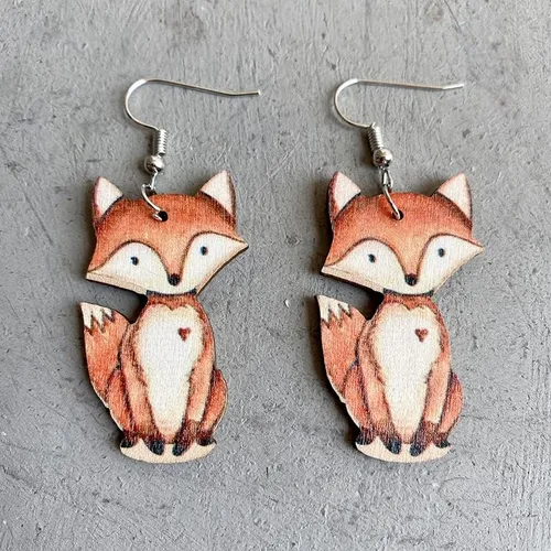 Vista 2 de Aretes colgantes de zorro rojo de cobre, lindos aretes colgantes de mapache de madera, zorro, zorro, joyería hipoalergénica para regalos de mujer