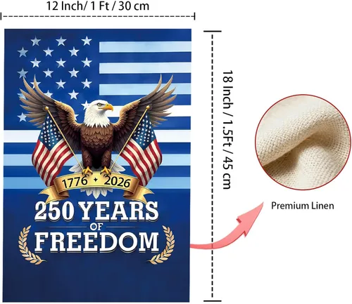 Vista 4 de Bandera de jardín de Estados Unidos del 250 aniversario, diseño de águila patriótica de doble cara con banderas estadounidenses, pancarta
