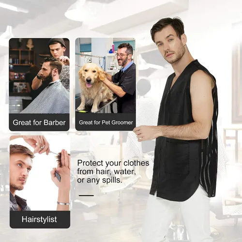 Vista 6 de PERFEHAIR Chaleco estilista de peluquero para hombres, chaqueta de peluquería de peluquería de peluquería, ropa de bata-negro