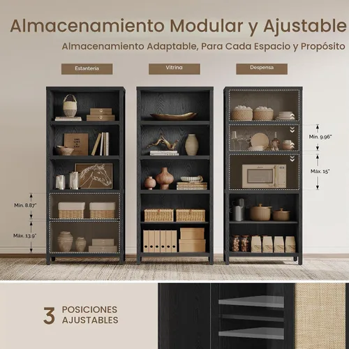 Vista 2 de SICOTAS Estantería de ratán de 5 niveles con puertas para biblioteca Roble negro
