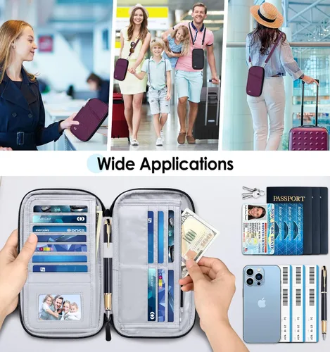 Vista 6 de BKNOOU Soporte para pasaporte familiar, organizador de documentos de viaje con correa cruzada para muñeca, cartera impermeable para pasaporte
