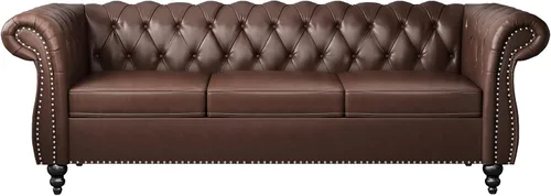 Vista 6 de Sofá moderno de 3 plazas, muebles de sofá grande, con brazo enrollable, sofá Chesterfield clásico copetudo de cuero con respaldo de asiento copetudo