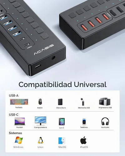 Vista 8 de Concentrador USB 3.0 alimentado, concentrador USB ACASIS de 16 puertos (incluye 2 puertos de carga inteligente USB C 3.0+4) con adaptador