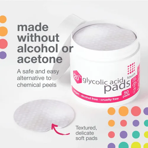 Vista 4 de TOUCH Almohadillas de ácido glicólico con 20 % exfoliantes y rejuvenecedores, toallitas faciales AHA, ideales para opacidad, poros, cicatrices