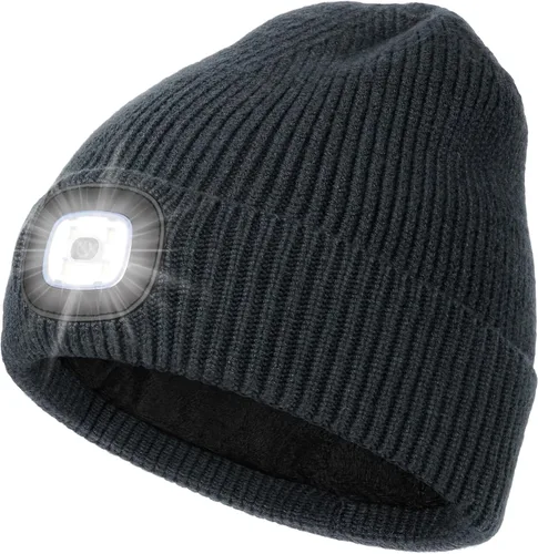 Vista 12 de MELASA Gorro de invierno con forro polar LED, recargable por USB, gorro cálido con luz integrada, regalos para hombres, papá, esposo, él