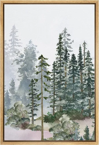 Vista 9 de SIGNWIN Lienzo enmarcado para pared, diseño de planta de bosque de montaña verde pastel, naturaleza, ilustraciones de área silvestre, arte moderno