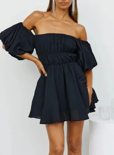Vista 7 de Dokotoo Vestidos de verano para mujer, con hombros descubiertos, manga corta farol, con volantes, cintura elástica, acampanado, minivestido casual