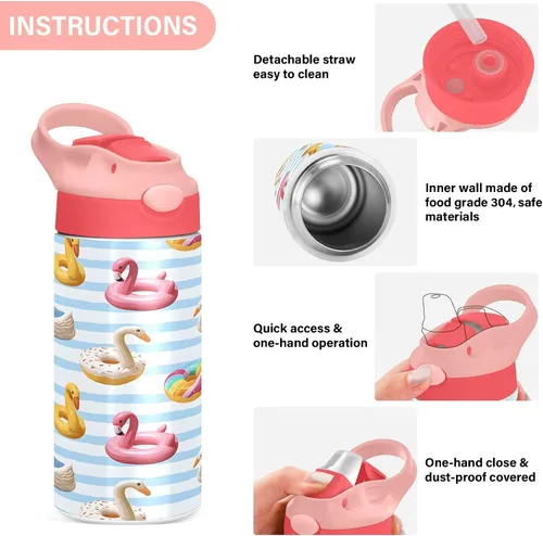 Vista 5 de ALAZA Flamingo Swan Circlen - Botellas de agua para niños con tapas y pajilla, botellas de agua de acero inoxidable con aislamiento de doble pared