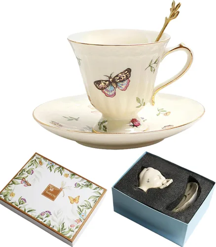 Vista 10 de Juego de taza de té y platillo de porcelana, taza de café de cerámica de 8.5 onzas líquidas con platillo y cuchara, taza de café vintage con ribete