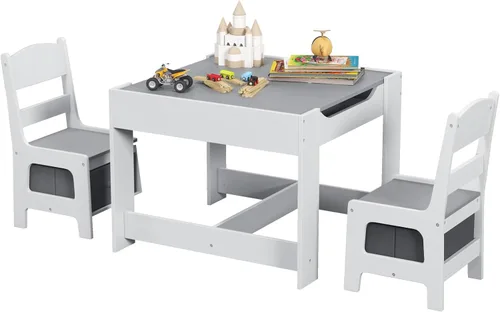 Vista 12 de Costzon - Juego de mesa y sillas para niños, escritorio de actividades multifuncional de madera para niños pequeños con mesa reversible, cajones