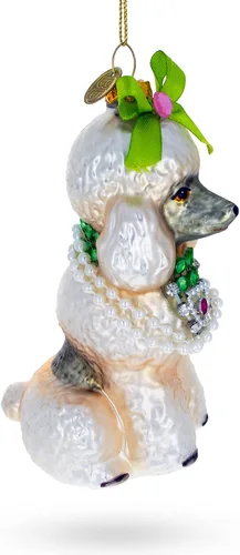 Vista 3 de Elegante caniche con lazo verde adorno navideño de vidrio soplado