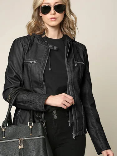 Vista 6 de Lock and Love - Chaqueta de motociclista de cuero sintético con capucha extraíble para mujer