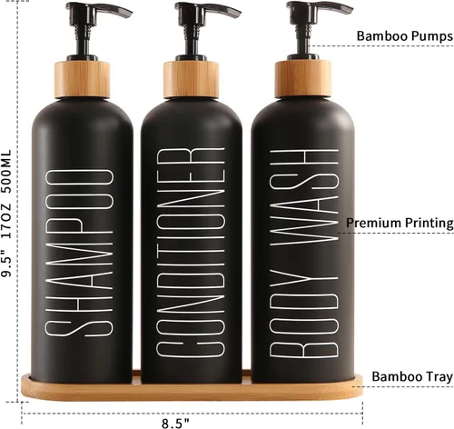 Vista 7 de Dispensador de champú y acondicionador Prus Waso con bombas y bandeja de bambú, perfecto para artículos esenciales del baño para un nuevo hogar Negro