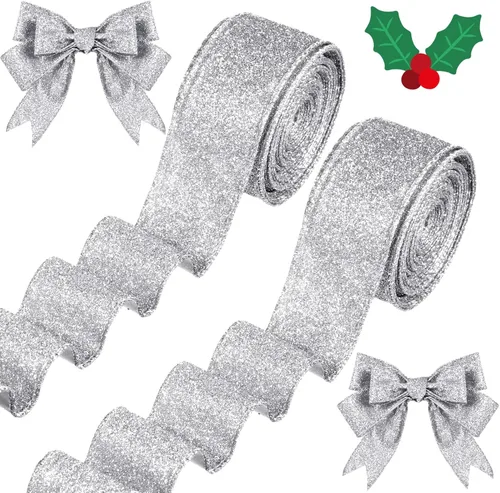 Vista 8 de 2 Rollos 20 Yardas Cinta de Navidad con Alambre Cinta Gruesa con Purpurina Cinta Metálica con Alambre para Envolver Regalos Cinta de Árbol