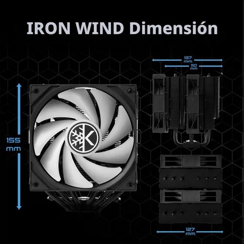 Vista 4 de KINGCOOL Iron Wind 120 ARGB Enfriador de aire para CPU, 6 tubos de calor y torres duales, ventiladores PWM duales de 120 mm, velocidad de 1800 RPM