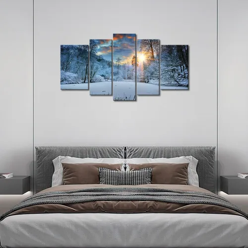 Vista 8 de Arte de pared de invierno, campo de nieve, lienzo moderno, pintura en lienzo de invierno, nieve, bosque, árbol, amanecer, puesta de sol, paisaje