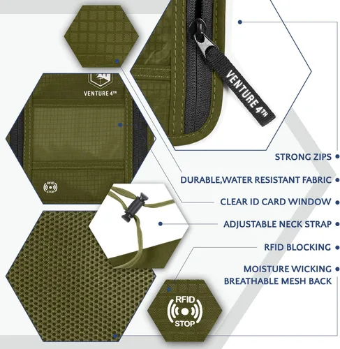 Vista 5 de Cartera de viaje para el cuello con bloqueo RFID, bolsa de cuello para pasaporte para hombres y mujeres para mantener los documentos seguros, Verde