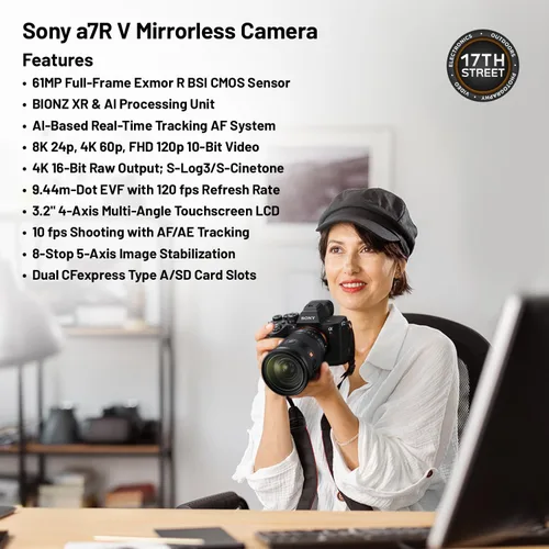 Vista 3 de Sony a7R V - Cámara digital sin espejo, negro, 61MP de marco completo, kit de software Sony bundle includes dual charger, 128GB SDXC memory card