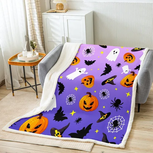 Vista 14 de Manfei Manta de Halloween con farol de calabaza, fantasmas, para decoración de habitación de niños y niñas, manta de araña negra para sofá, manta