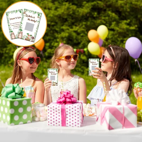Vista 7 de Juego de rascar para baby shower, 50 tarjetas con el tema ¿Dónde está el bebé? Juegos YoungFun con adorables animales del bosque para revelaciones