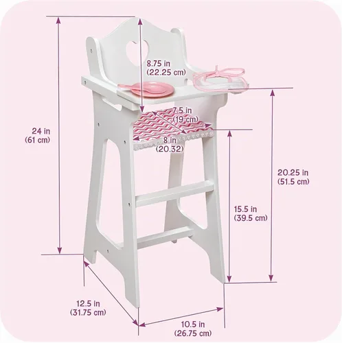 Vista 4 de Badger Basket Silla alta de muñeca de juguete con accesorios y kit de personalización para muñecas de 18 pulgadas - Blanco/Rosa/Chevron