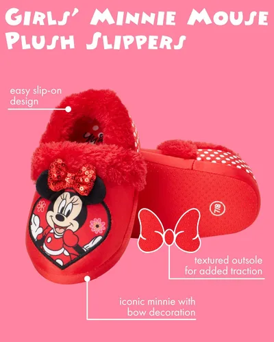 Vista 2 de Disney Girls' Minnie Mouse Slippers - Plush Fuzzy Slippers, Non-Skid Sole (ToddlerLittle GirlBig Girl)