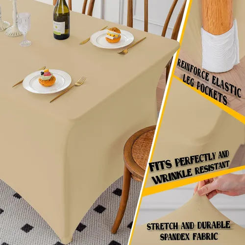 Vista 45 de Famstar Paño de Mesa Negro de 4 Pies de Elastano, Paño de Mesa Ajustado para Mesas Rectangulares, Fundas Elásticas Lavables Sin Arrugas