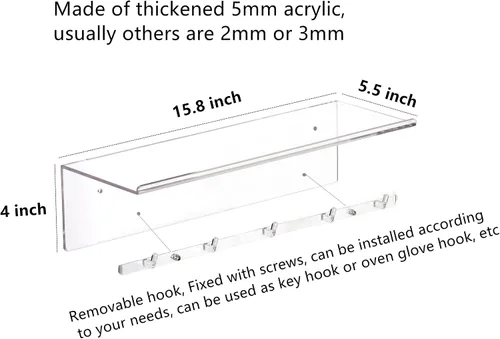 Vista 3 de CY craft Estantes flotantes transparentes, 2 estantes decorativos de almacenamiento de pared con ganchos de toalla desmontables, estantes acrílicos