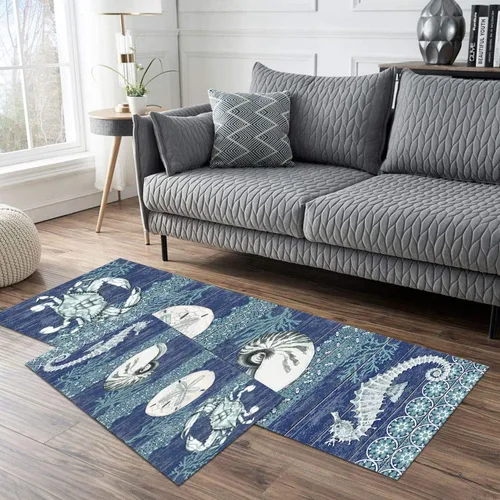 Vista 4 de GUBIYU Juego de 2 tapetes de cocina para el piso, diseño de cangrejo azul, submarino, duradero, náutico, océano, animales, lavable, juego