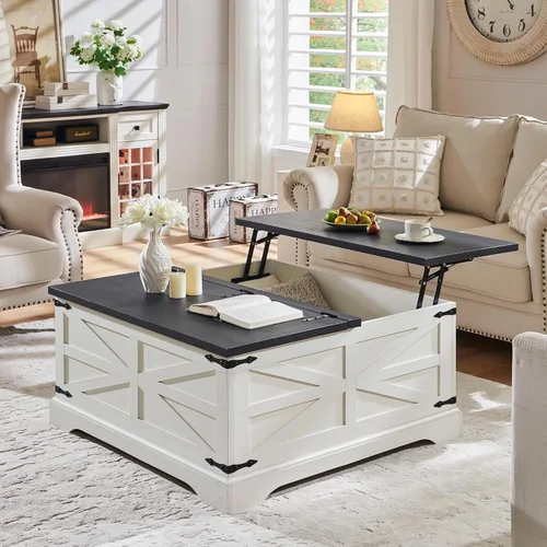 Vista 10 de Farmhouse - Mesa auxiliar cuadrada elevable con gran almacenamiento de 36 pulgadas Mesa de sala de estar de madera con compartimento oculto